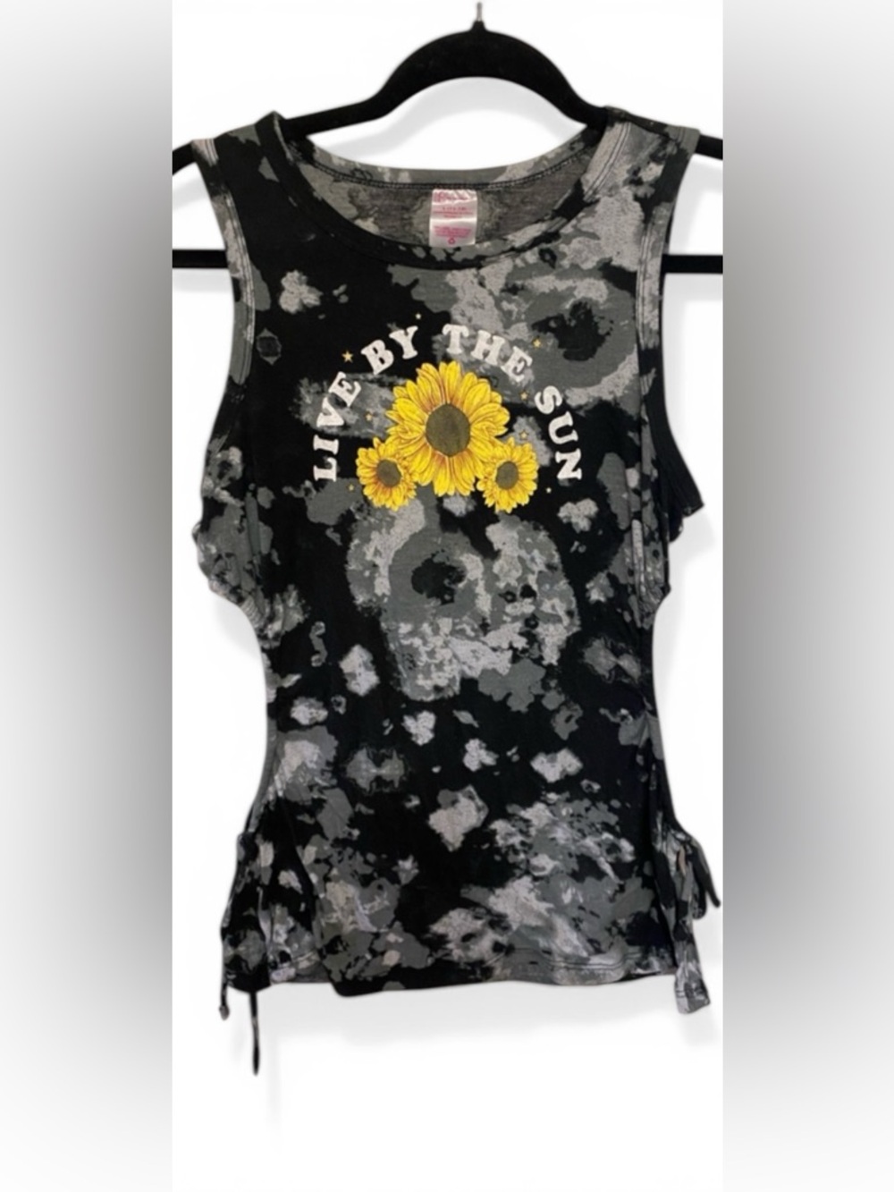No Boundaries Black Gray Tie-Dye Tank with Yellow Sunflower Graphic